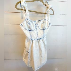 Adorable Denim Dress, Acid Wash in White with Bow Straps
